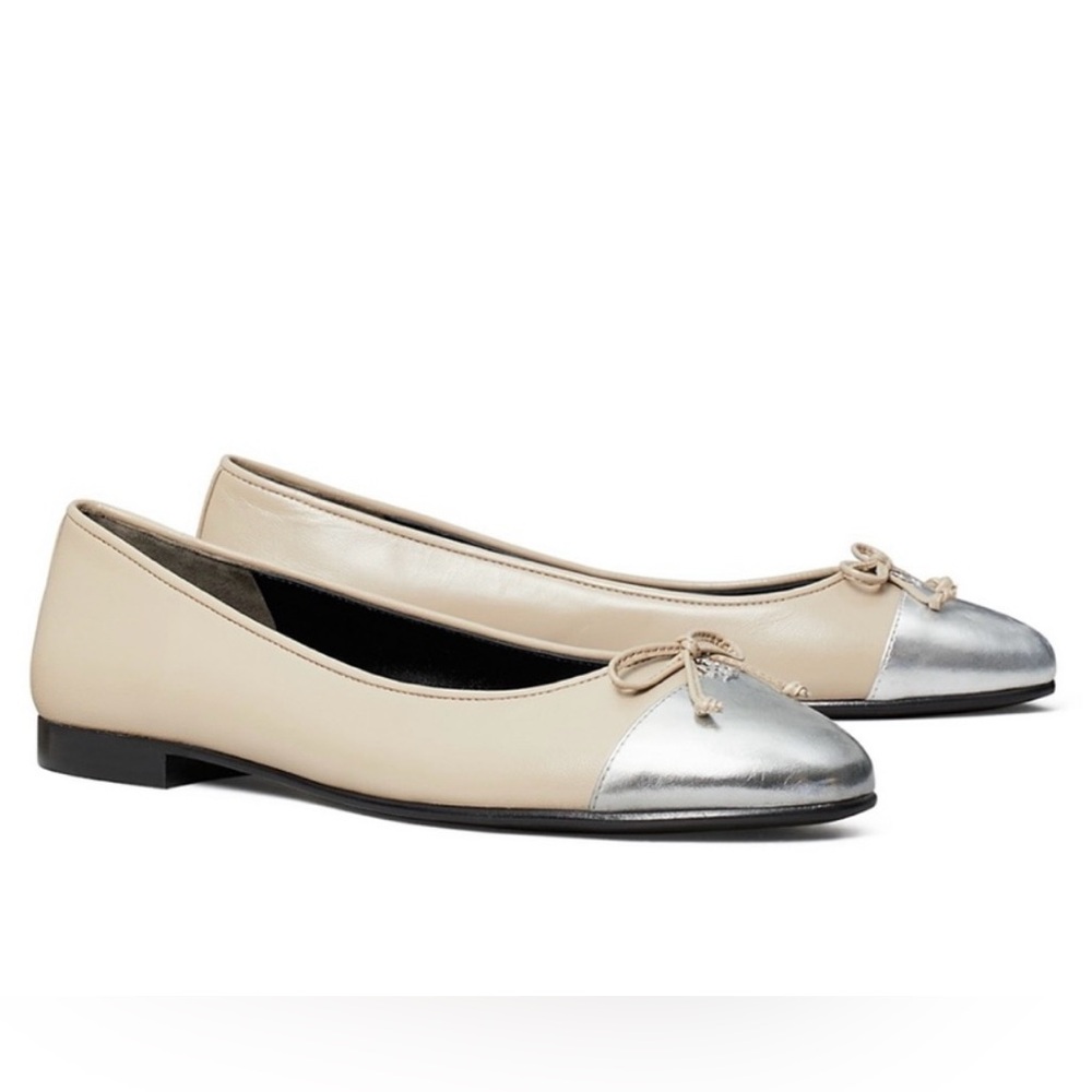 NEW Tory Burch Cap-Toe Ballet Flats in Oyster Silver Leather